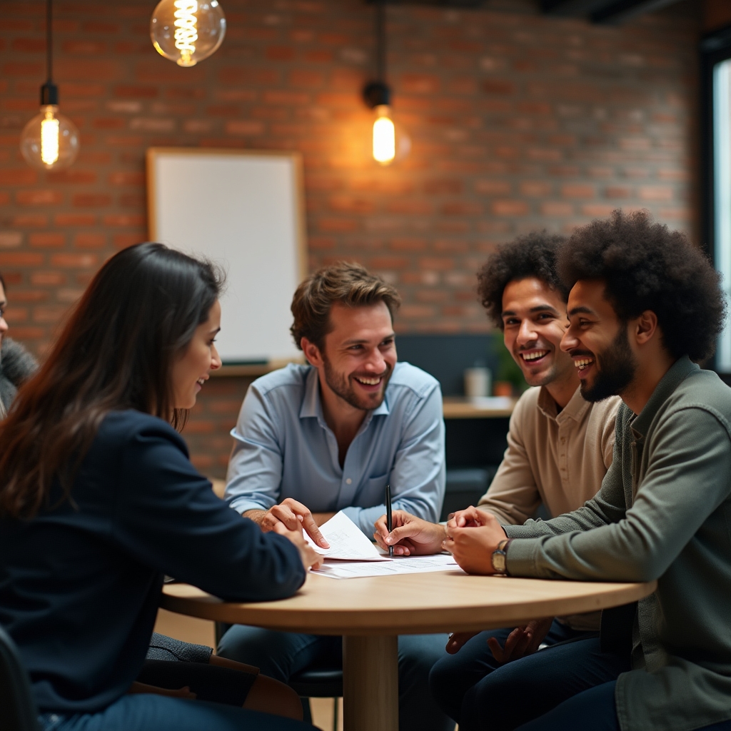 A small cohort of four professionals in an animated discussion around a table, diverse group showing engaged and supportive body language in a modern meeting room