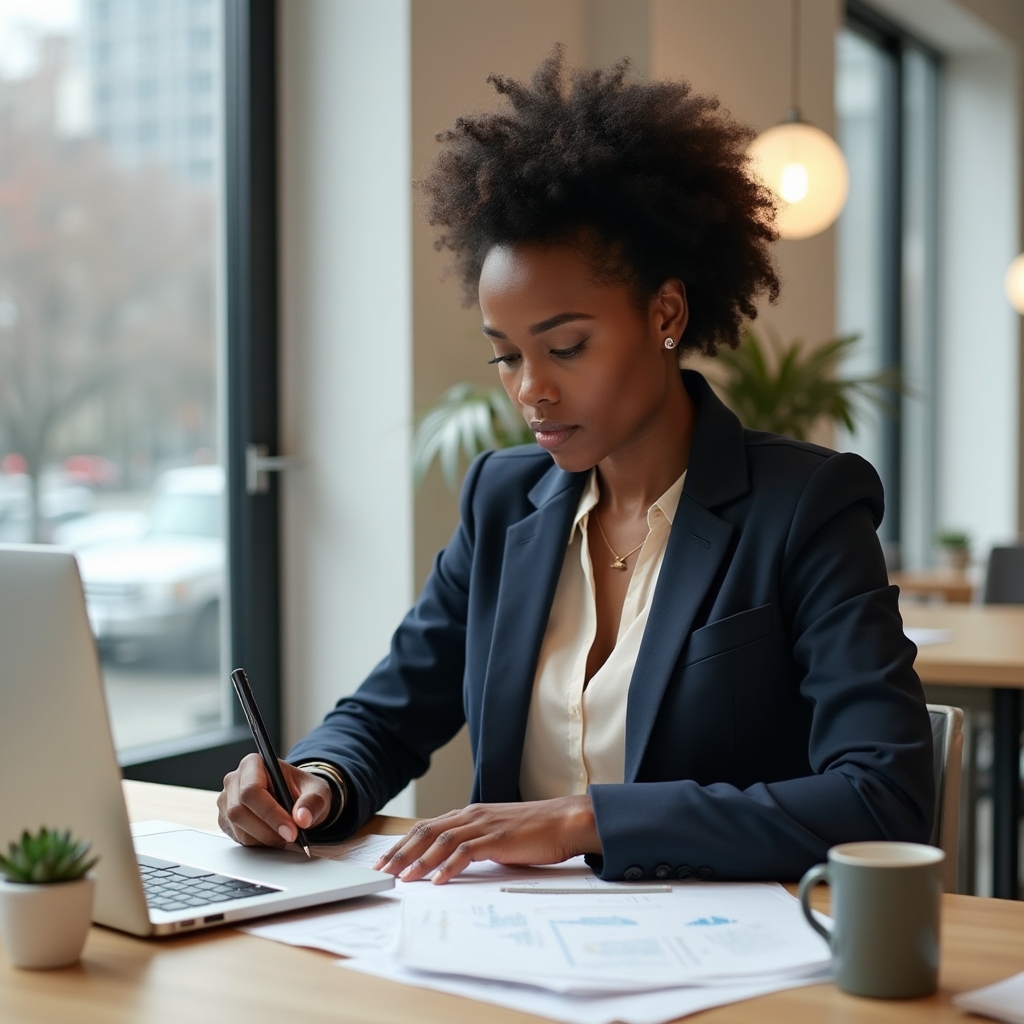 A professional woman in her late thirties reviewing career documents with focused confidence in a well-lit modern workspace