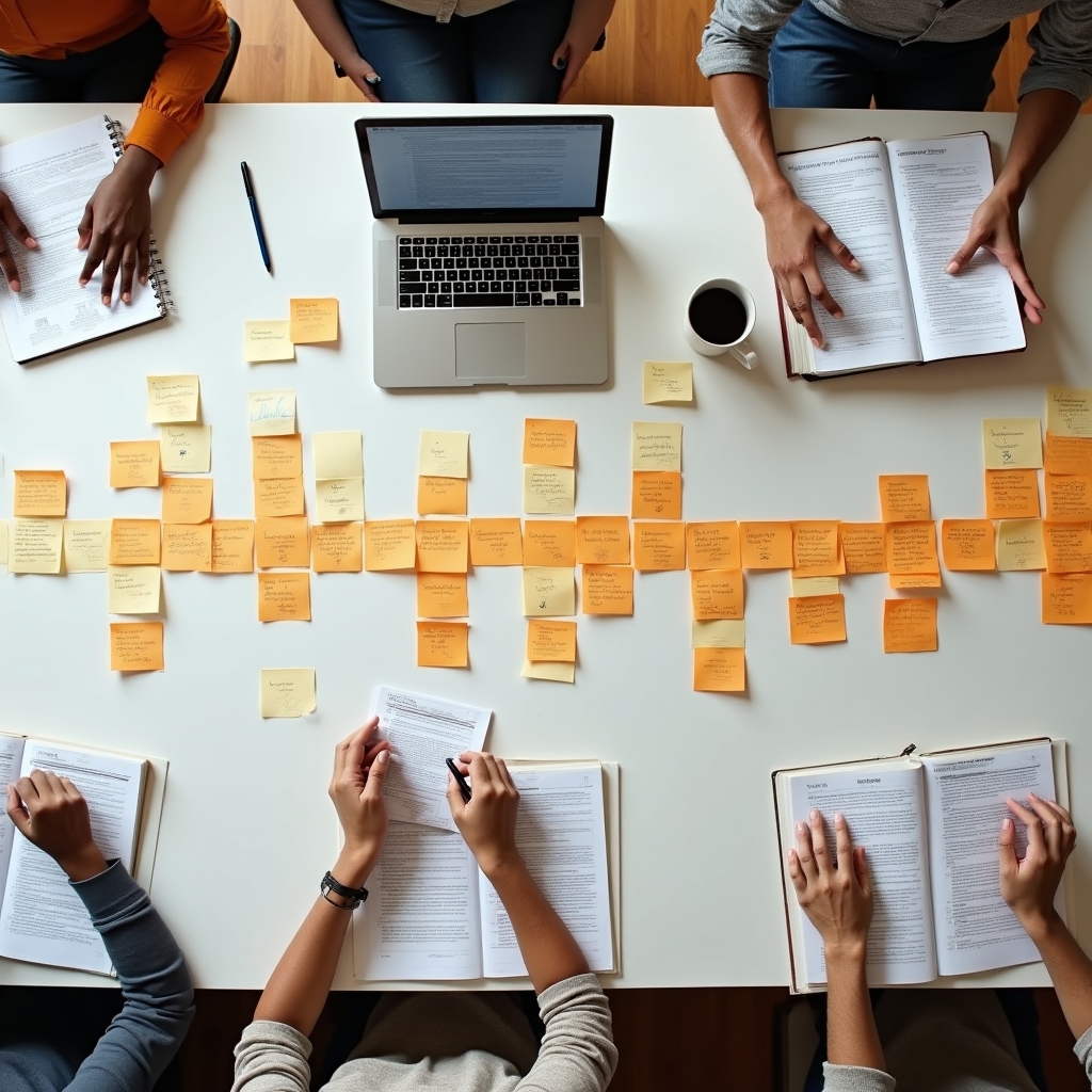 A close-up view of a curriculum design board with structured notes, color-coded categories, and a clear program map laid out on a large table