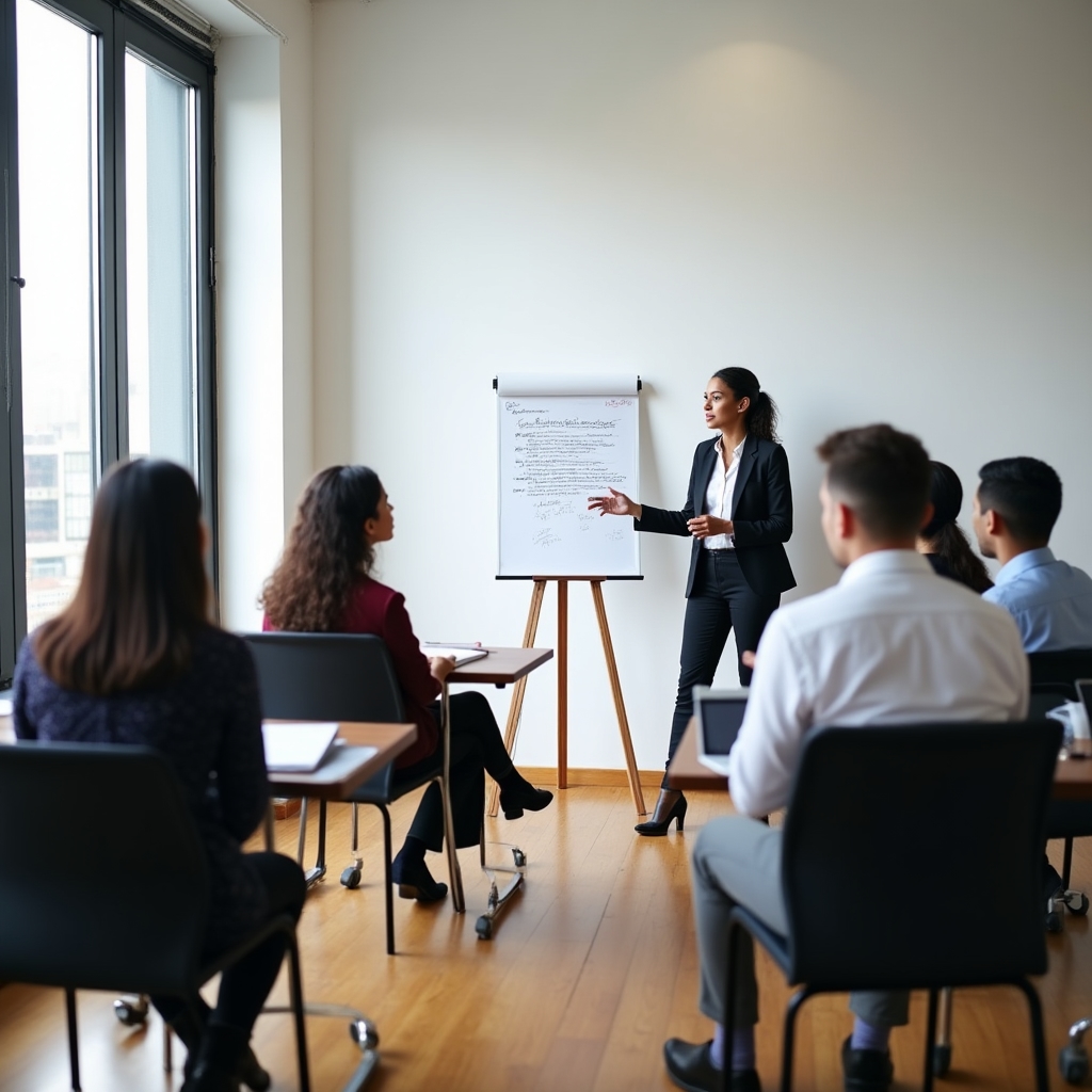 Professionals gathered in a modern workshop setting, engaged in career re-entry training
